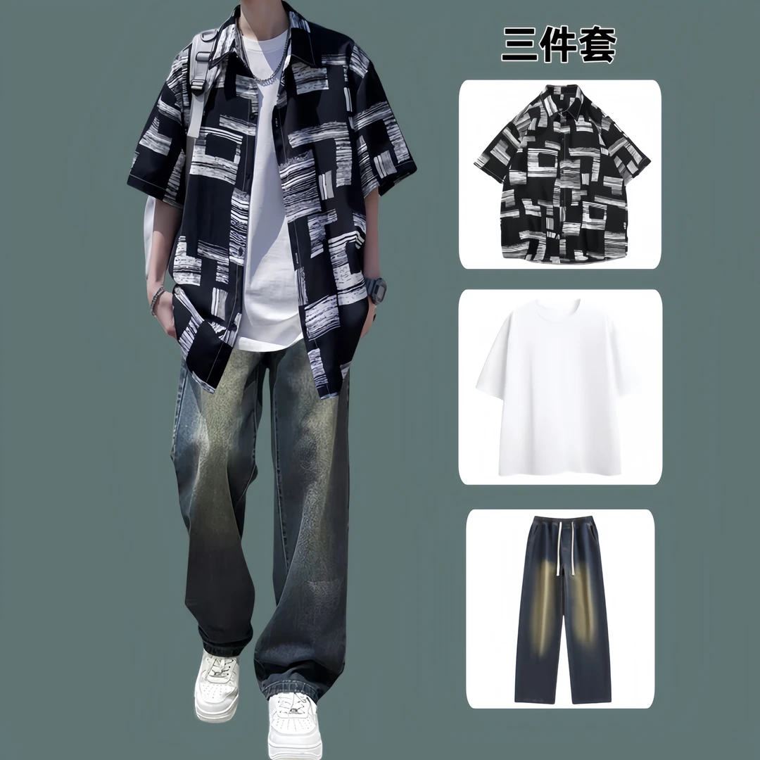 潮流港风涂鸦衬衫男士夏季休闲套装痞帅短袖衬衣搭配帅气牛仔裤男