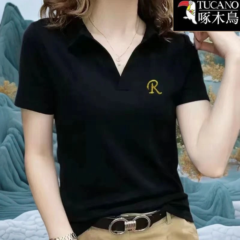 啄木鸟正品2025年夏季刺绣打底衫翻领短袖T恤新款潮流小众上衣女