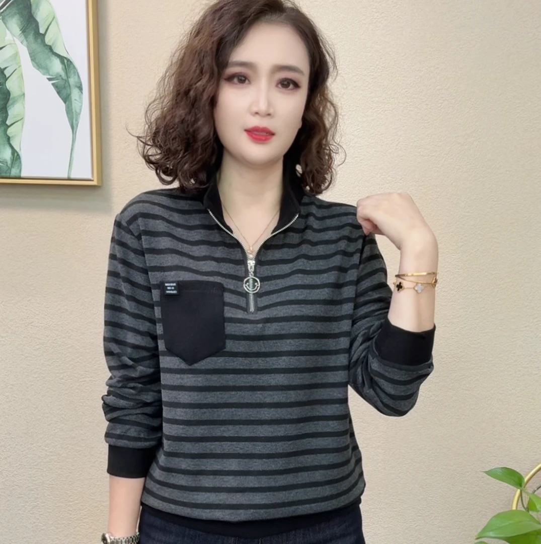 2025秋季新款拉链显瘦T恤女立领条纹法式洋气女士长袖上衣#355971