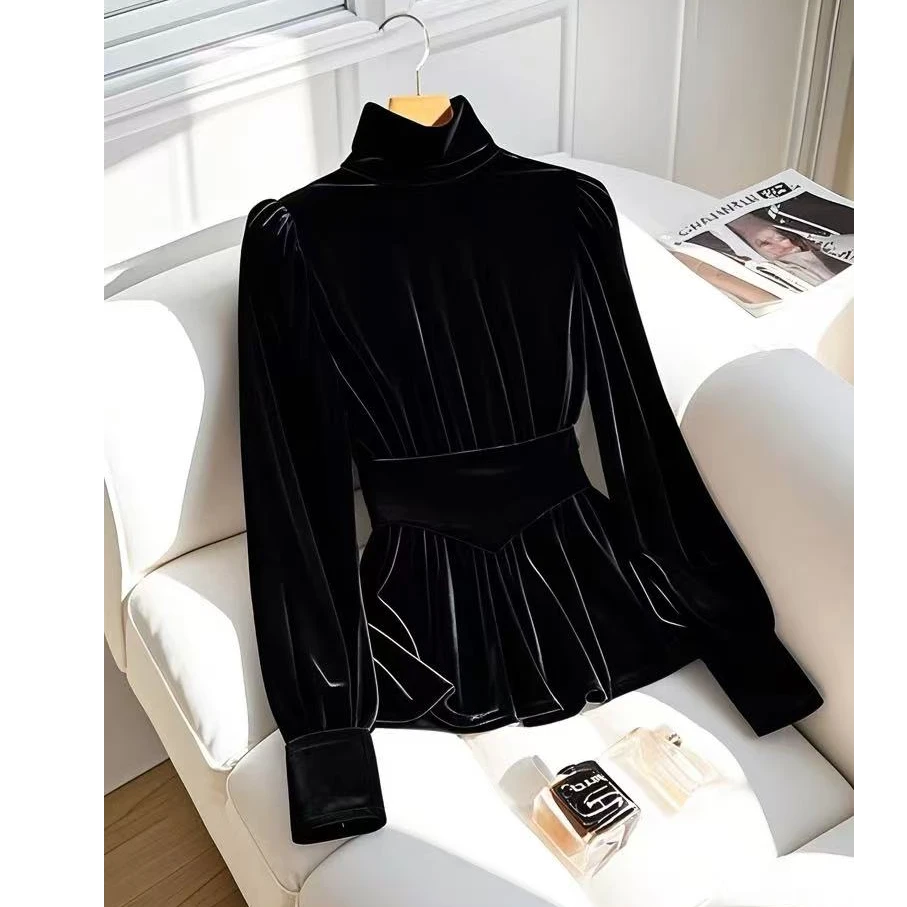 法式高级感气质修身显瘦小衫上衣黑色高领收腰丝绒打底衬衫女春季