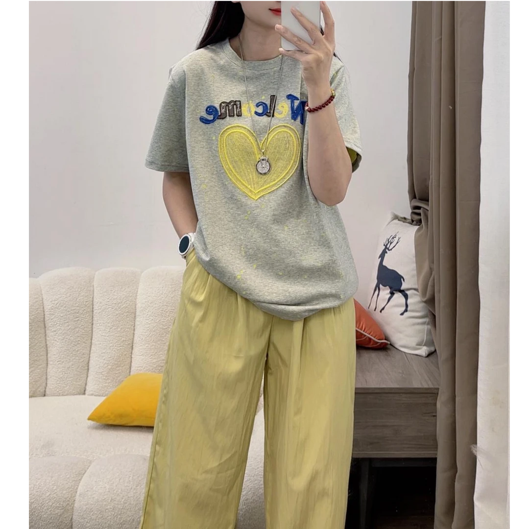 [丁雅]2025新款女高品质字母刺绣爱心工艺短袖+黄色长裤DYY2780