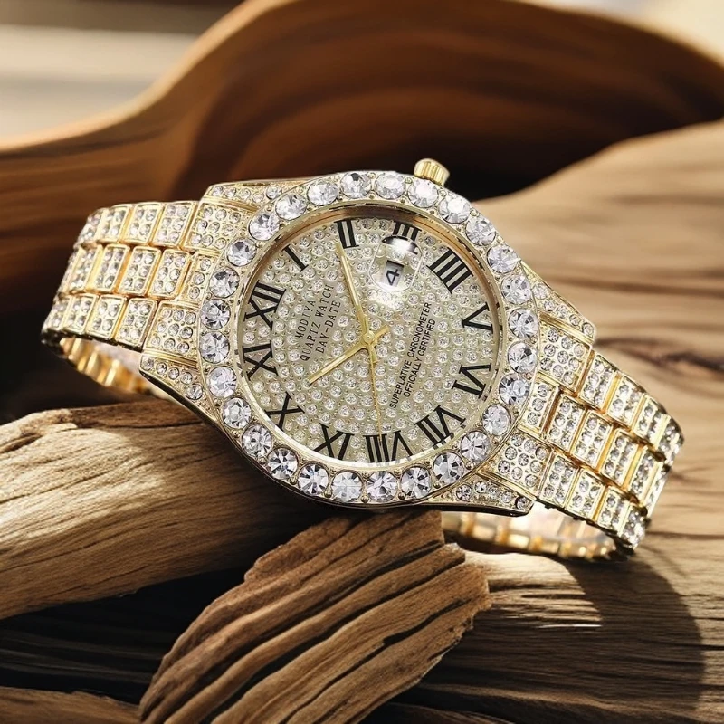 满天星满钻日历罗马刻度钢带防水潮流嘻哈男女手表腕表高档