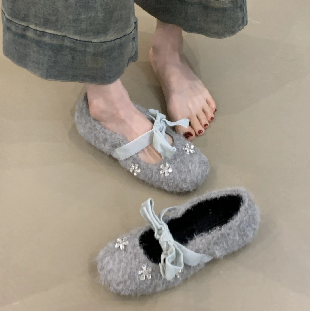 MKK-仙女风玛丽珍鞋2025秋冬法式甜美可爱花朵水钻加绒保暖晚晚鞋