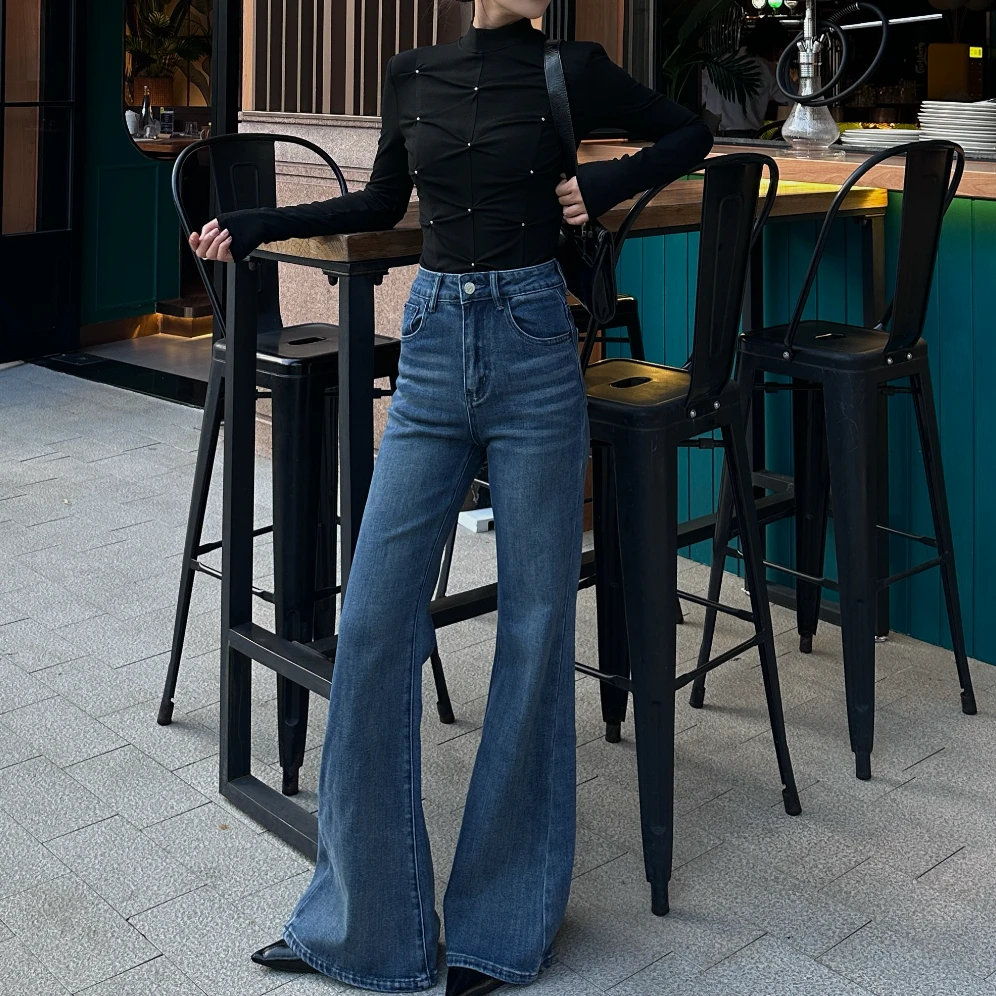 NZ002冬款百搭显瘦高腰直筒时尚复古微喇宽松牛仔裤