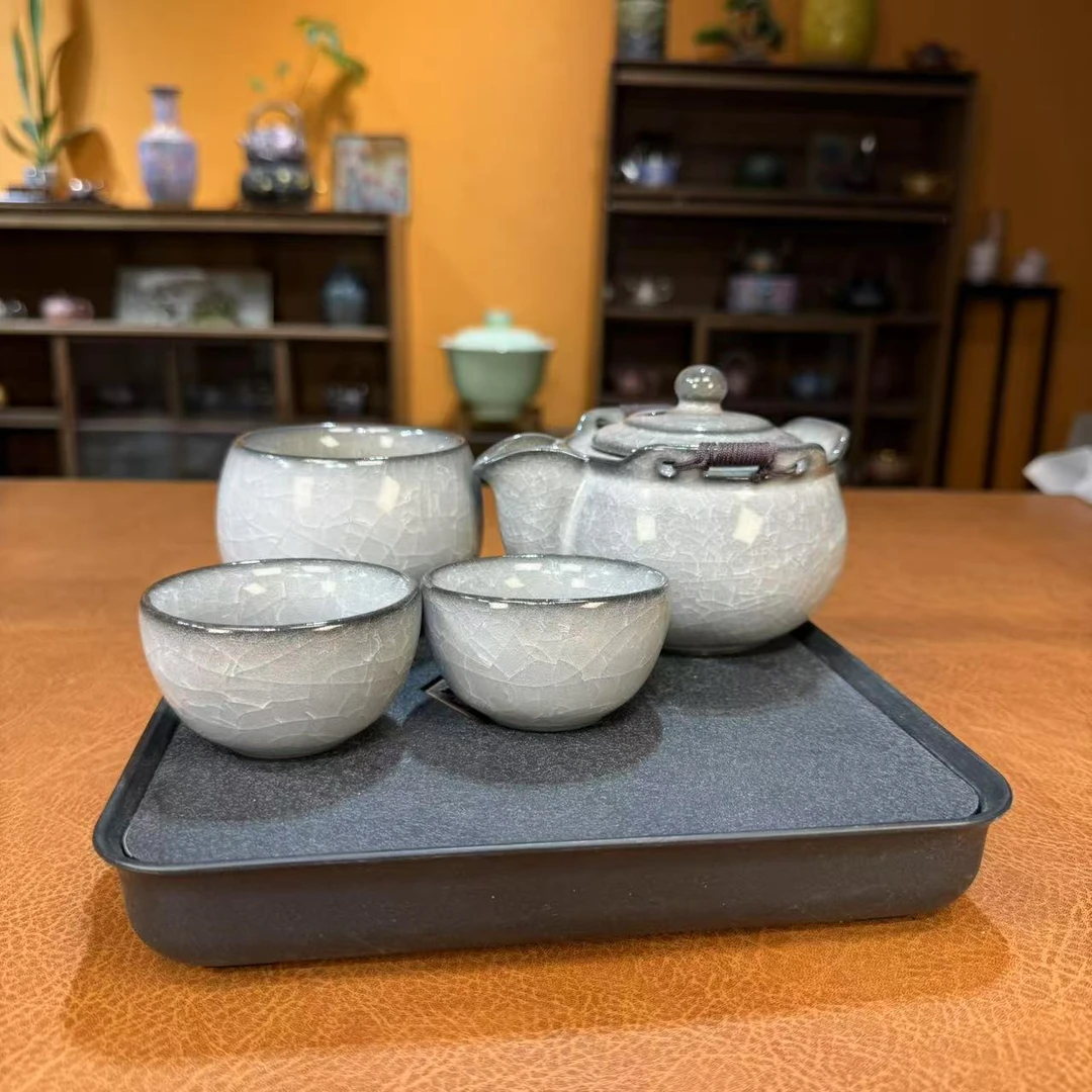 瓷韵优品 黑冰手抓壶+主人杯+2杯（旅行茶具）-3056