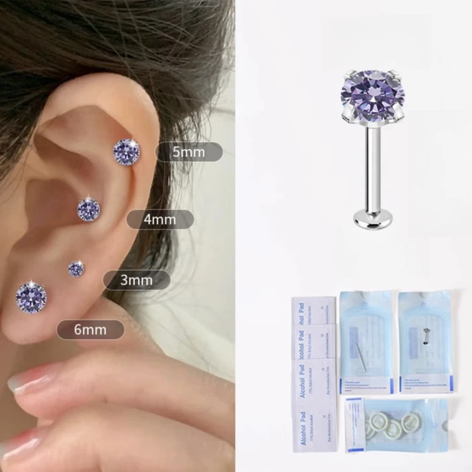 合金耳饰 f136植入级钛合金养耳洞内螺纹彩色锆石耳钉耳骨钉