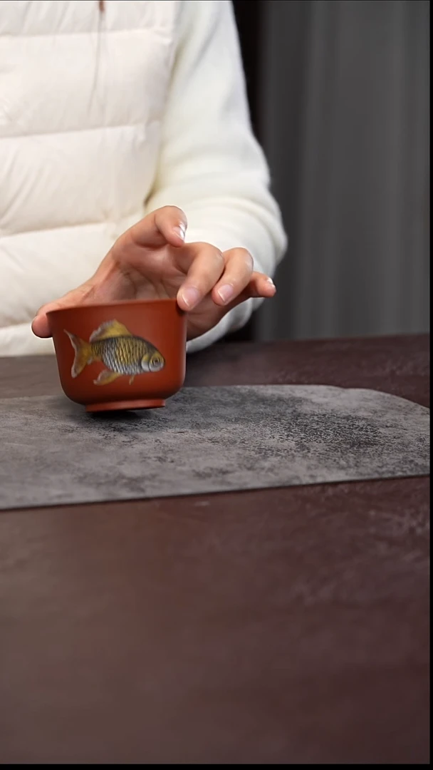茶杯紫砂朱泥 金银鱼 主人杯