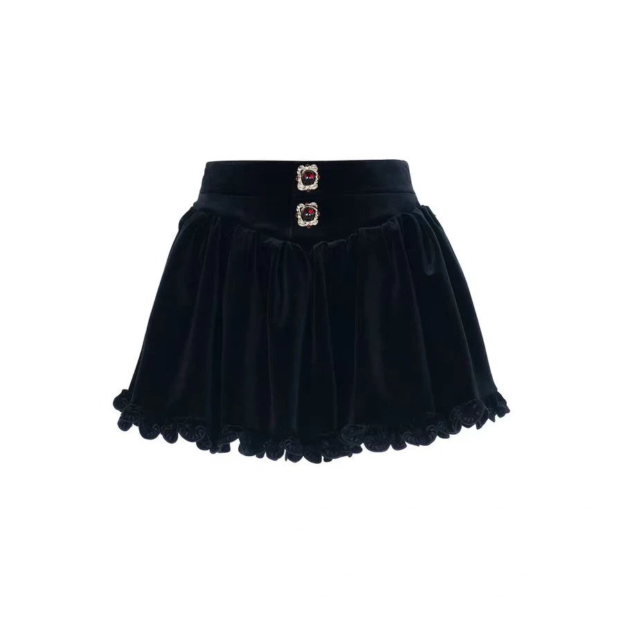 LeFame/拉飞姆2025秋季高腰宫廷风丝绒短裙半裙LF25Q01SS219