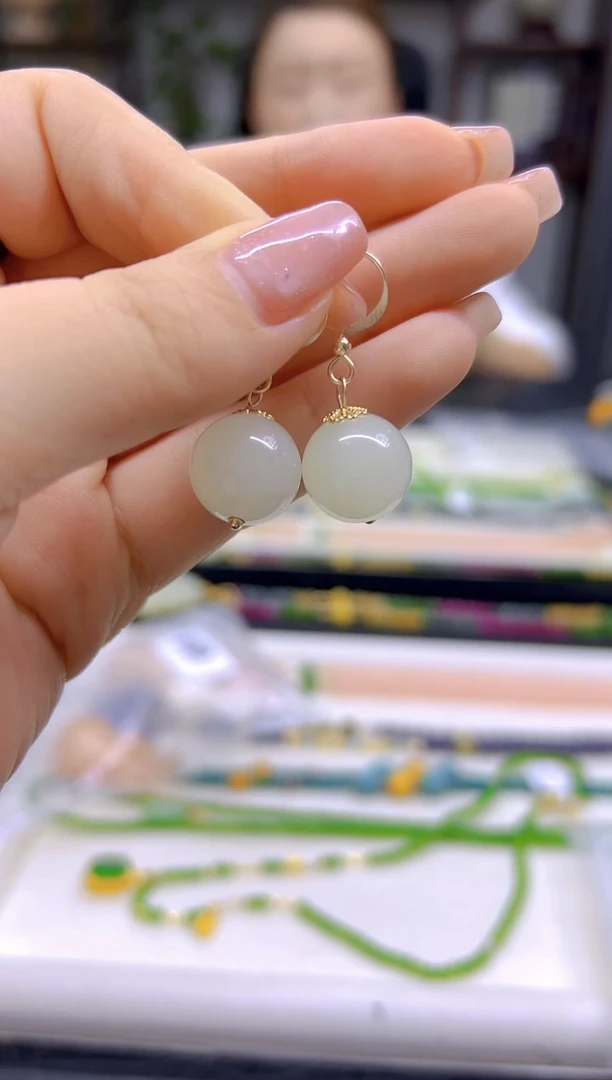 和田玉（白玉）14K金镶嵌耳饰DIY款E673