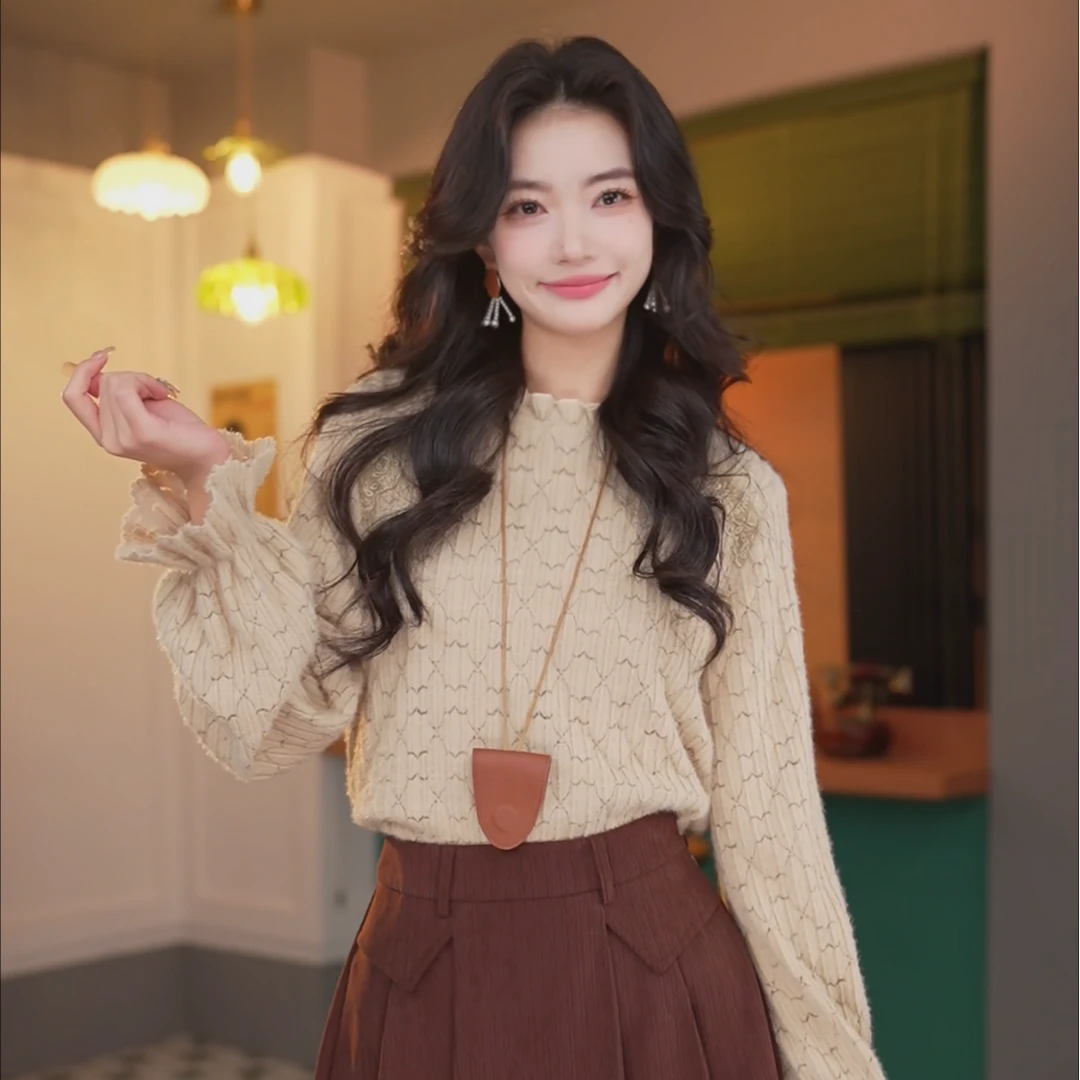 丁佳欣【曼丁蜜橘】复古提花纯色长袖百搭打底上衣JE0706152