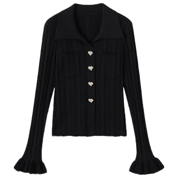 早秋时尚休闲百搭经典小香风单排扣黑色针织长袖-8305