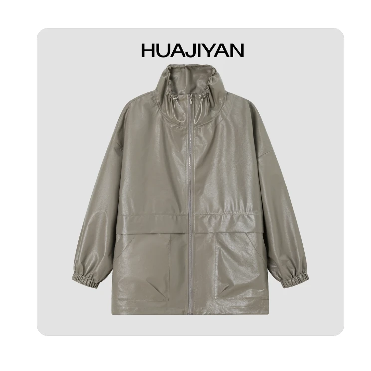 华吉言/HUAJIYAN【轻裘】绵羊皮纸感轻薄皱感光泽感中长款皮衣