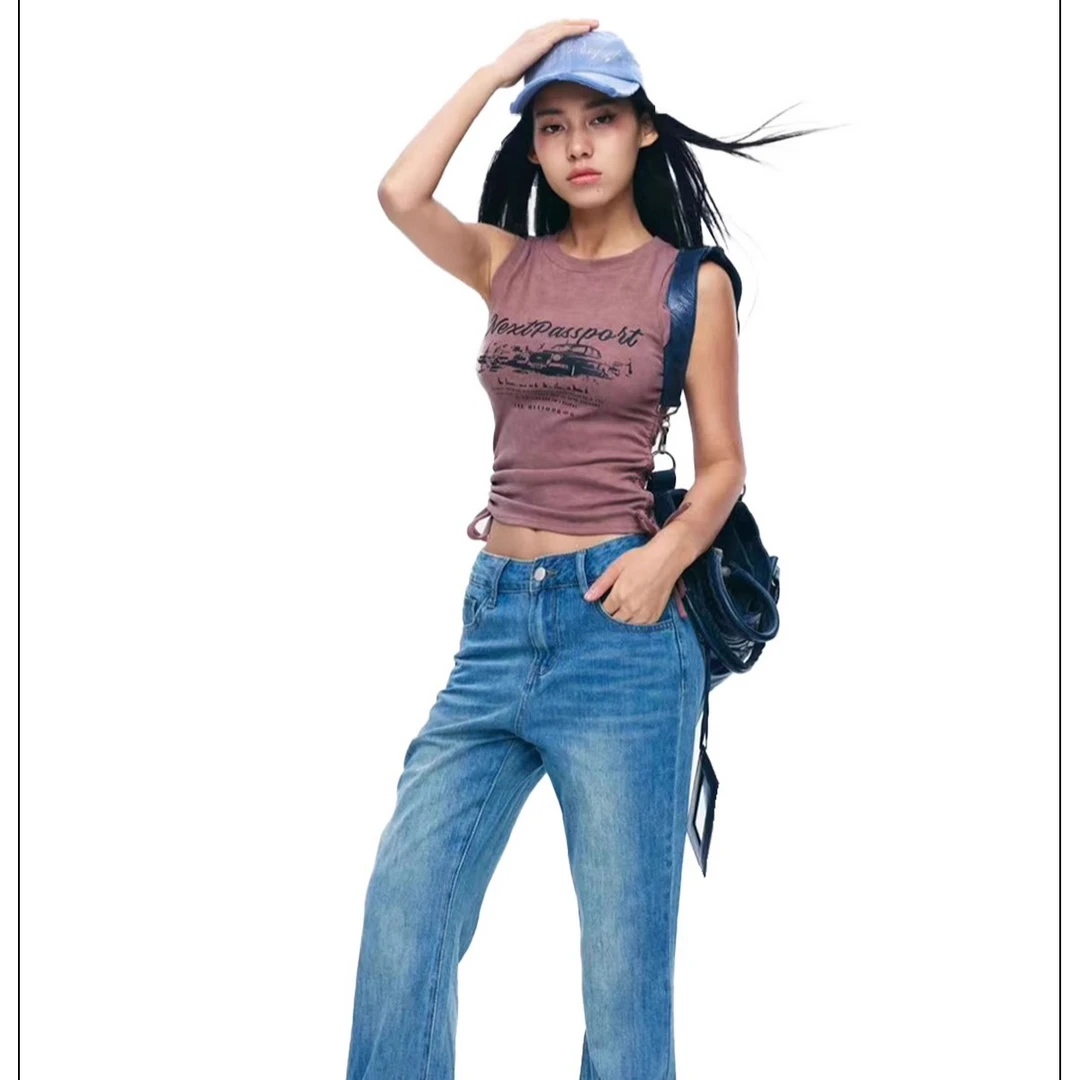 【自播】NextPassport 棕色无袖印花侧抽绳T