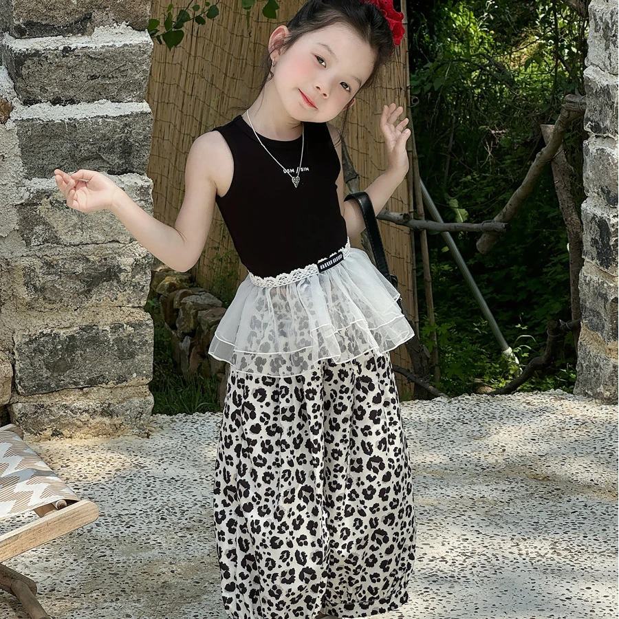 女童套装韩版童装无袖背心吊带速干豹纹宽松休闲裤防蚊裤屁帘围裙