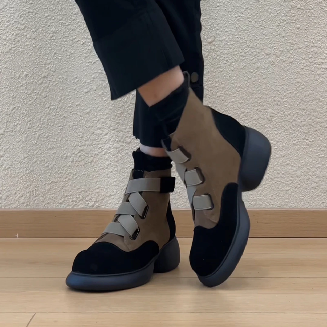 nnmiss•34-39/个性拼色交叉带魔术贴短靴复古牛反绒厚底马丁靴