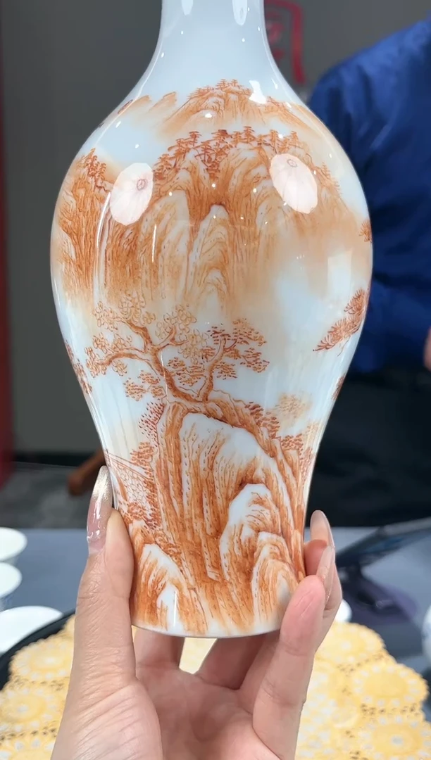 【闪购商品】官窑瓷画院837官窑瓷画院矾红山水橄榄瓶