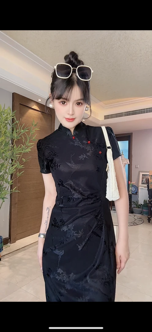 【琳琳高级专属】夏季新中式旗袍国风古韵褶皱修身显瘦黑色小个子
