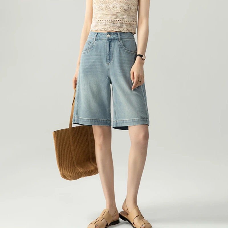 天丝棉牛仔短裤女夏季薄款中裤2025新款高腰宽松休闲四分五分裤