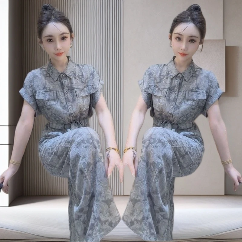 休闲套装女2025夏季新款韩版时尚洋气显瘦印花衬衫阔腿裤两件套潮