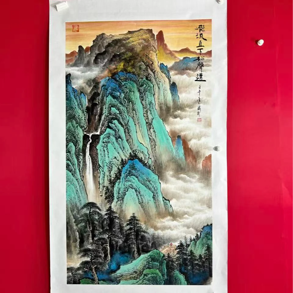 熊盛武-手绘宣纸六尺竖幅飞流直下松声远山水画
