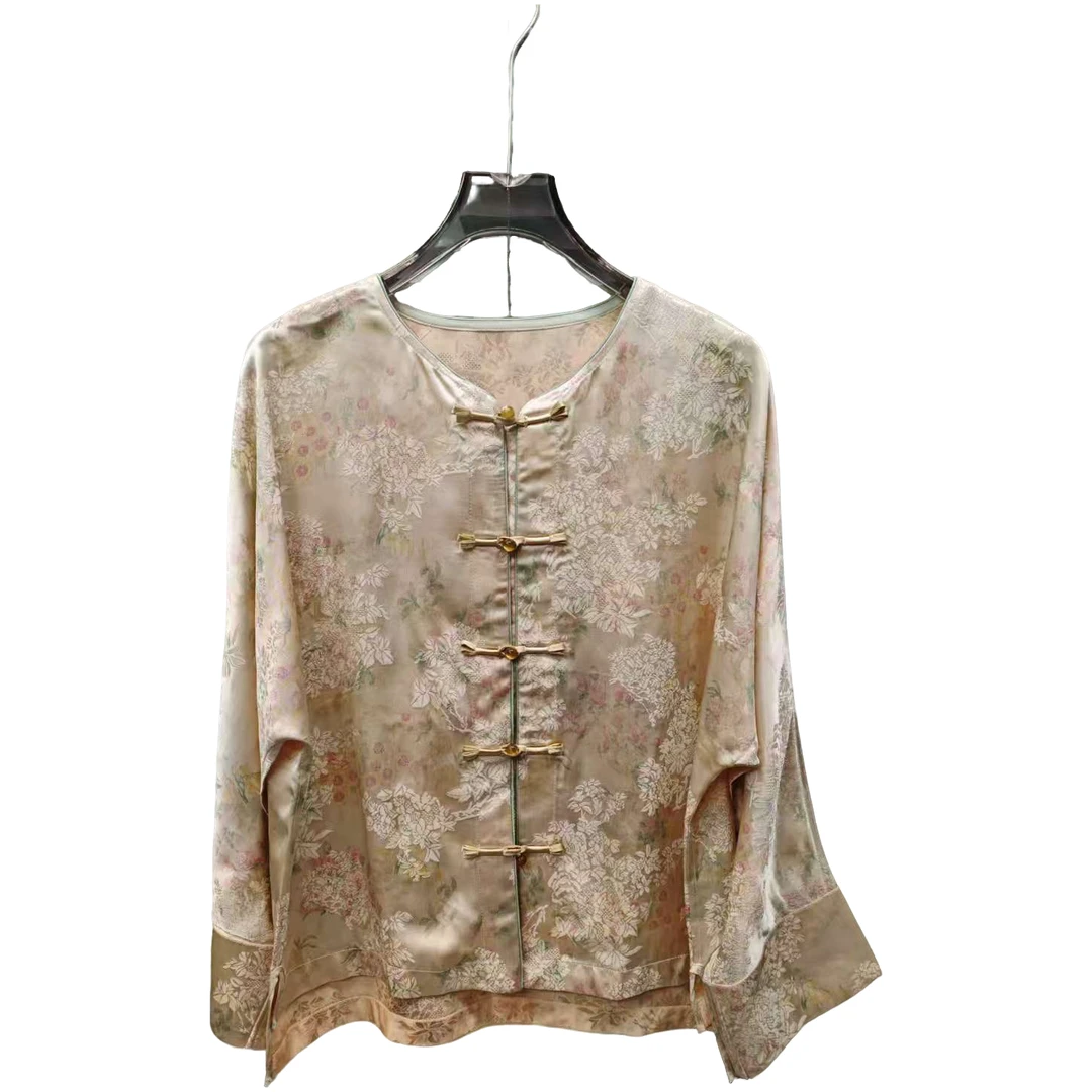 长袖中长款立领提花碎花直襟上衣唐装圆领中式风