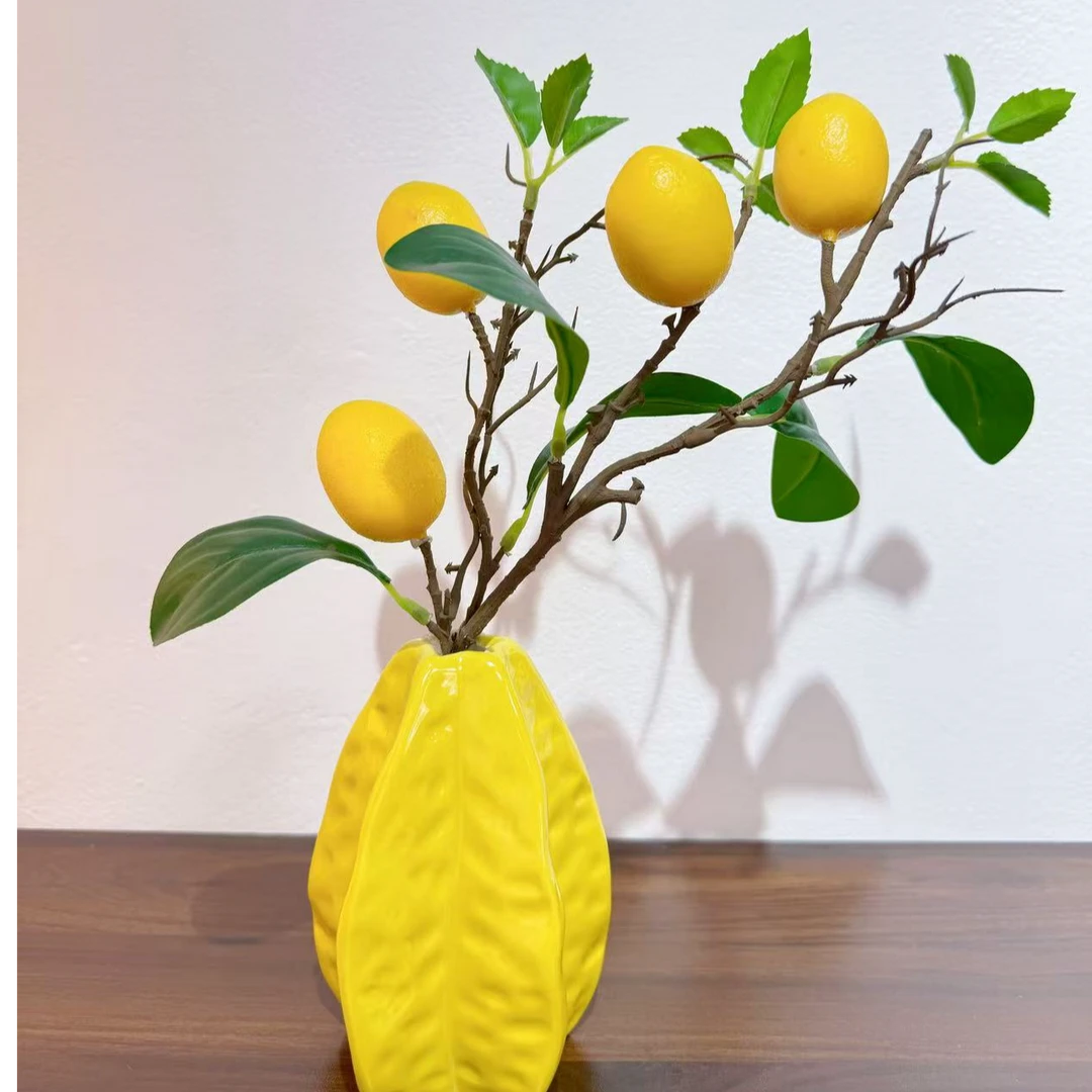 仿真花柠檬石榴果精致摆件家居客厅书房陶瓷花瓶装饰创意手工