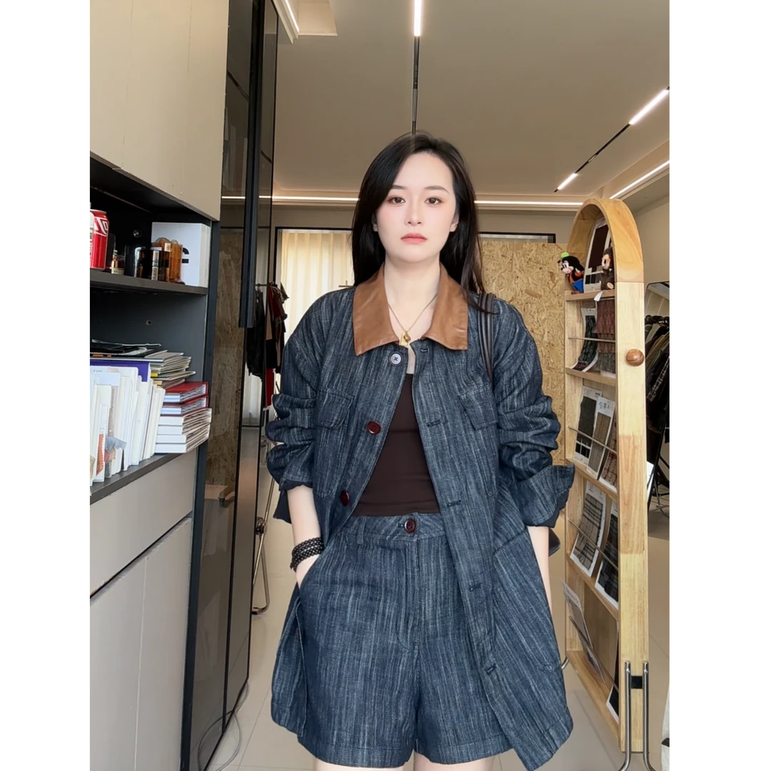 气质复古翻领牛仔感拼色短裤套装#0885/0887/0888