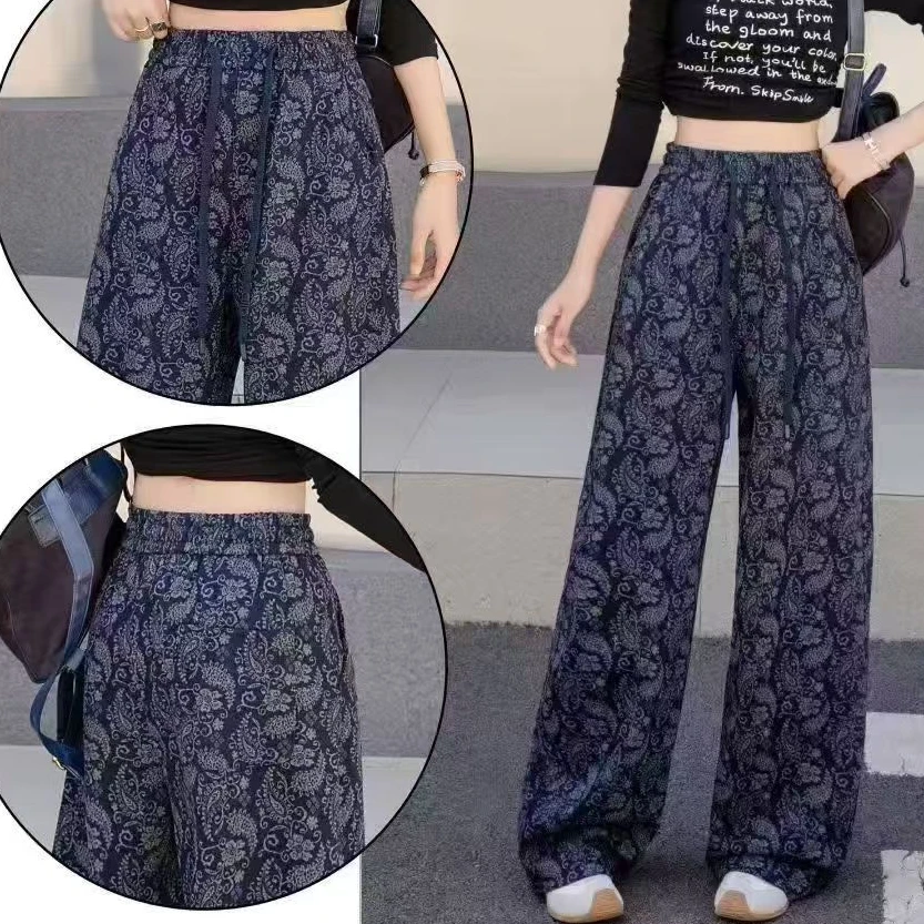 小施家时尚复古花松紧腰显高直筒裤5850