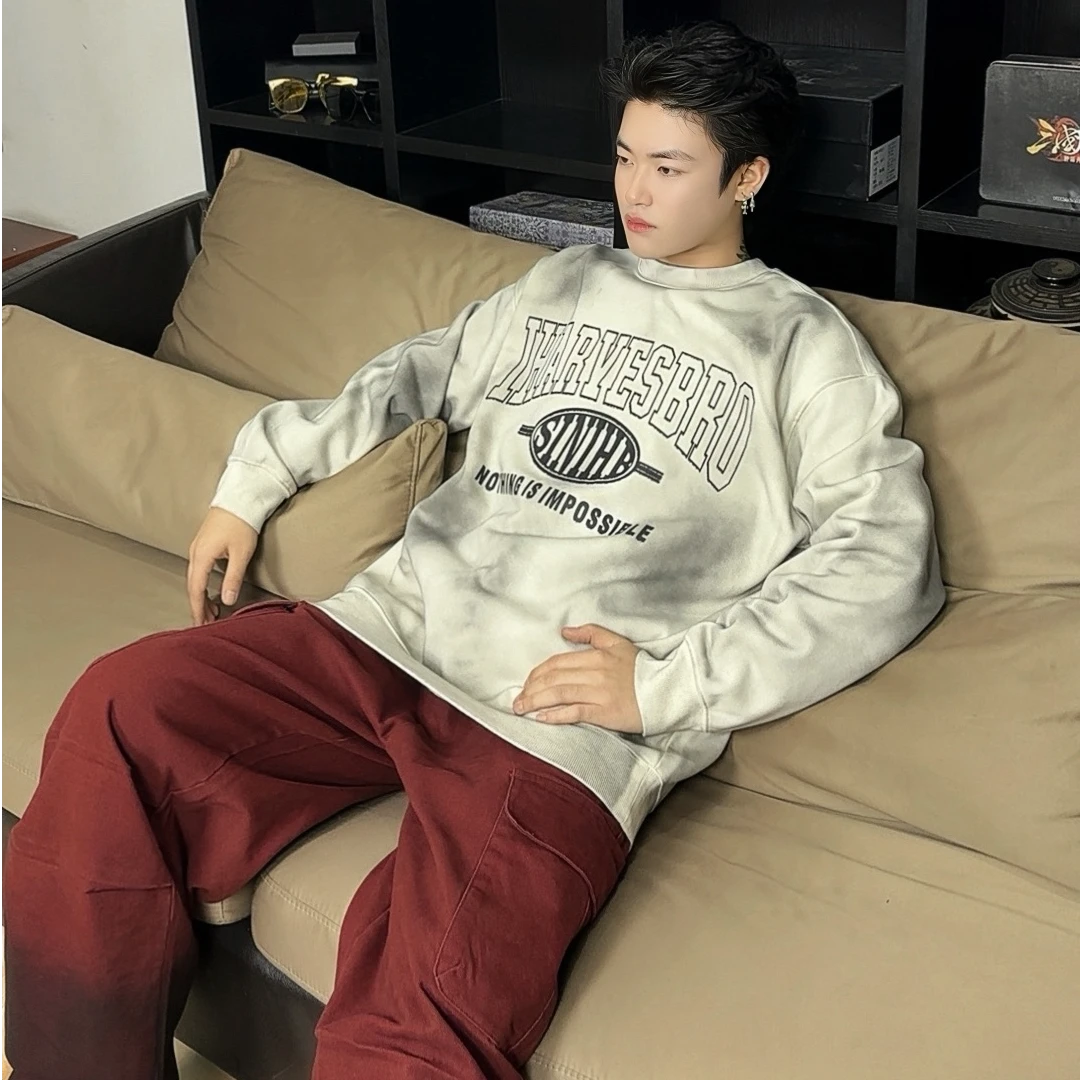 水洗做旧加绒卫衣休闲宽松