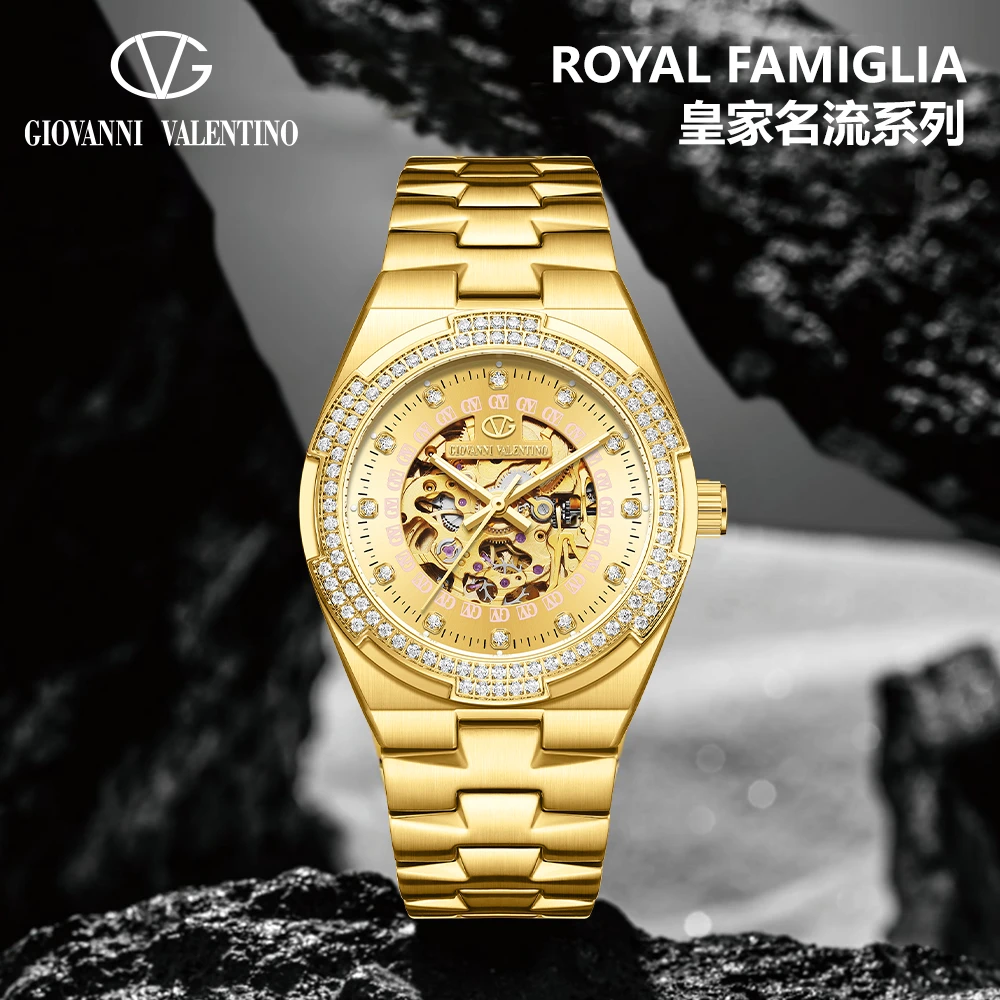 卓凡尼·华伦天奴【皇家名流】镂空金色男士机械表 GV8909