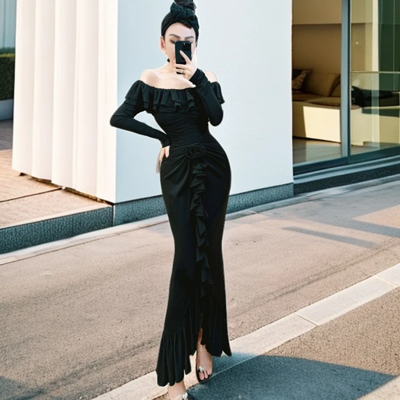 【星姐推荐】星原创高级定制「廊前花开」一字肩荷叶花朵褶皱连衣裙