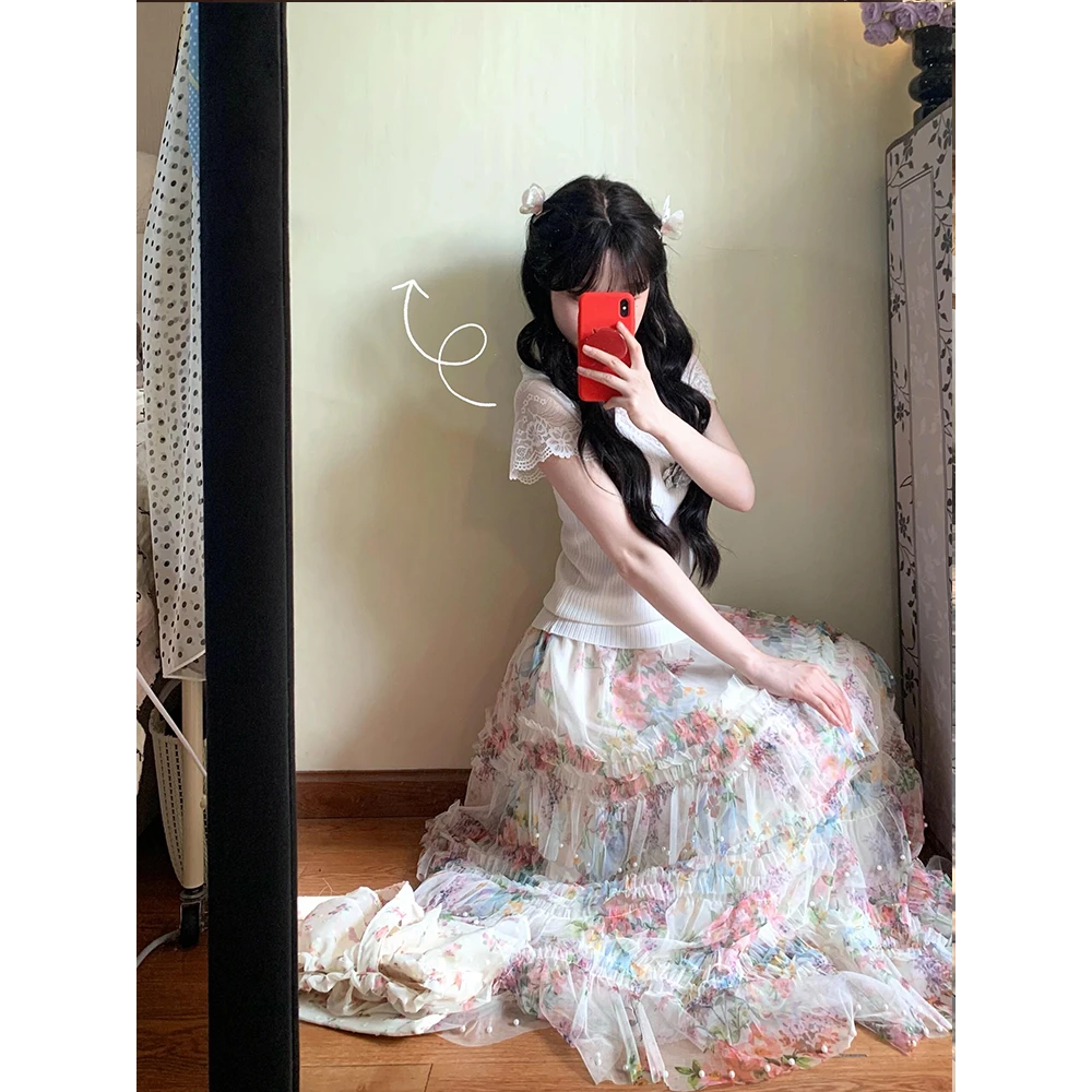 初夏多巴胺搭配穿搭小个子蕾丝V领针织短袖上衣荷叶边半身裙套装