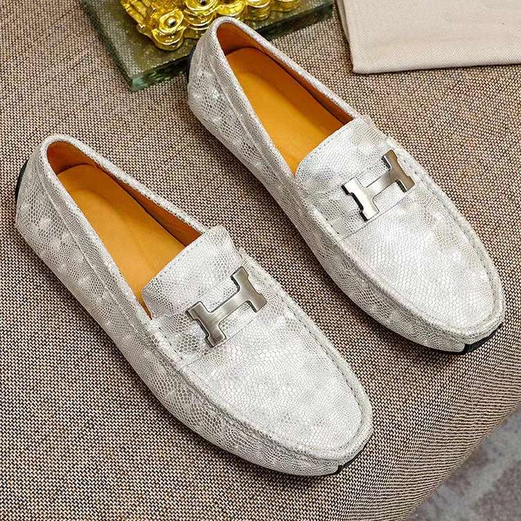 2025春季男士新款豆豆鞋真皮软底套脚鞋透气软皮白色时尚百搭