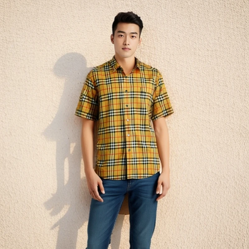 99新 BURBERRY/博柏利 衬衫/经典格纹翻领短袖衬衫/XL码/0001376