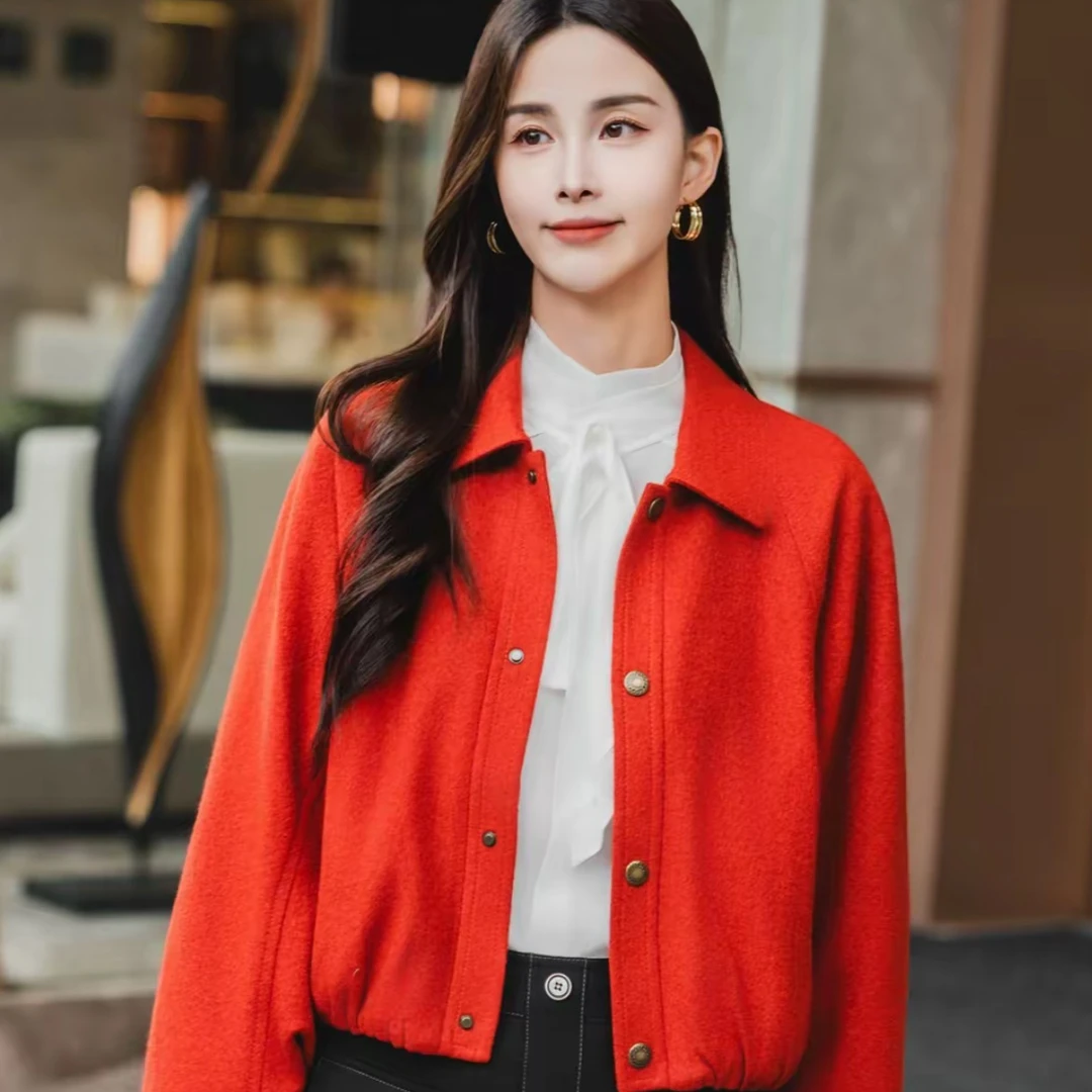 哥弟秋冬新款时尚蝙蝠袖小翻领羊毛外套百搭减龄外套140044