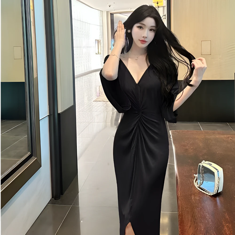 夏日气质凉感慵懒风v领长裙法式扭结设计感开叉连衣裙女