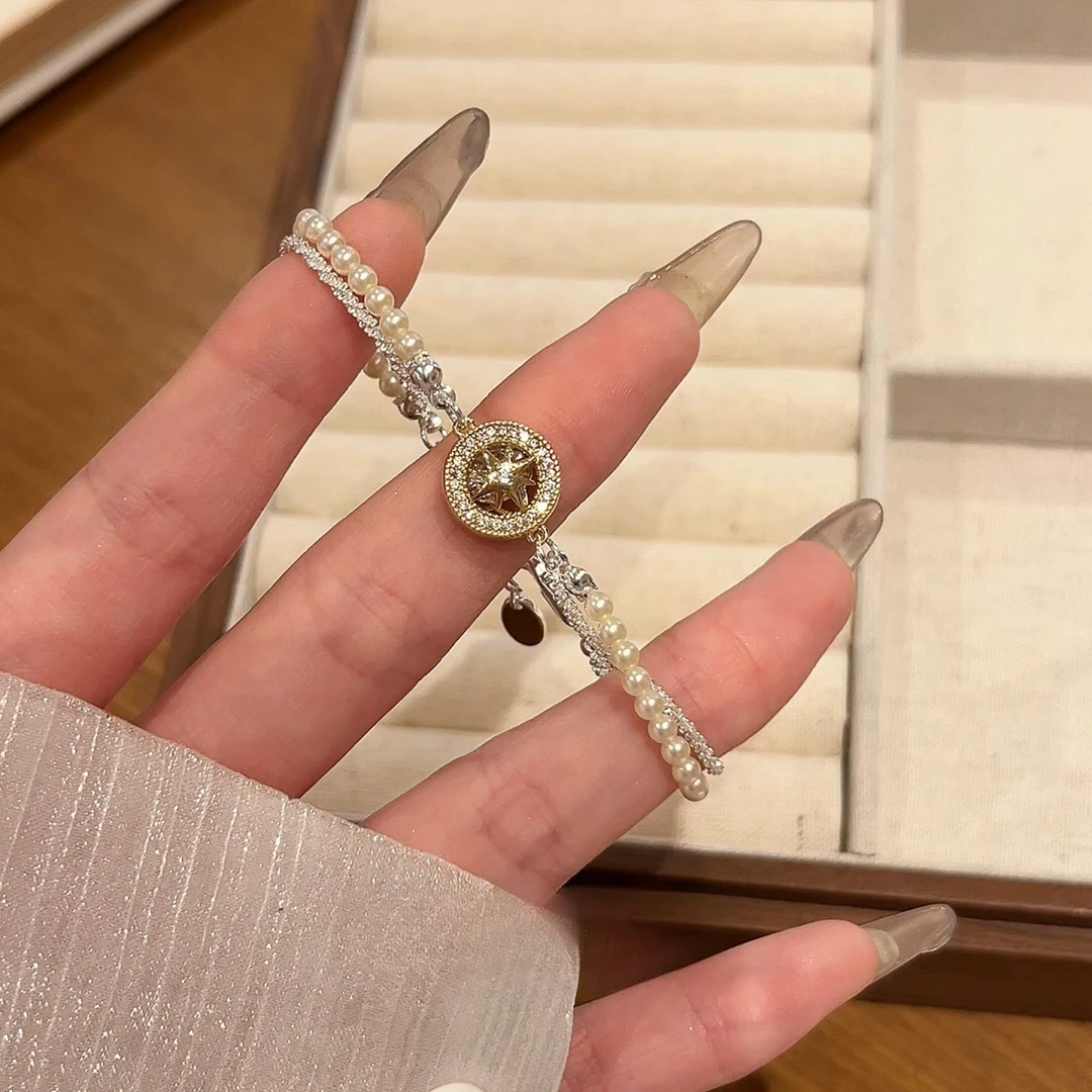 铜合金手链 高级感新款八芒星盘双层仿珍珠手链女轻奢小众精致