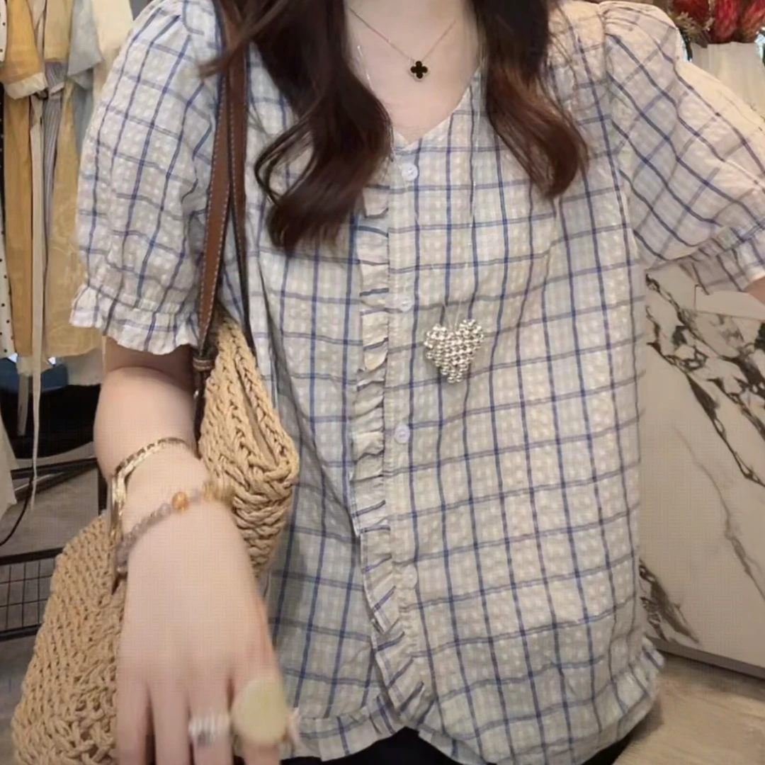 法式洋气宽松格子衬衫女2025夏季新款轻奢高级小众女装时尚衬衣