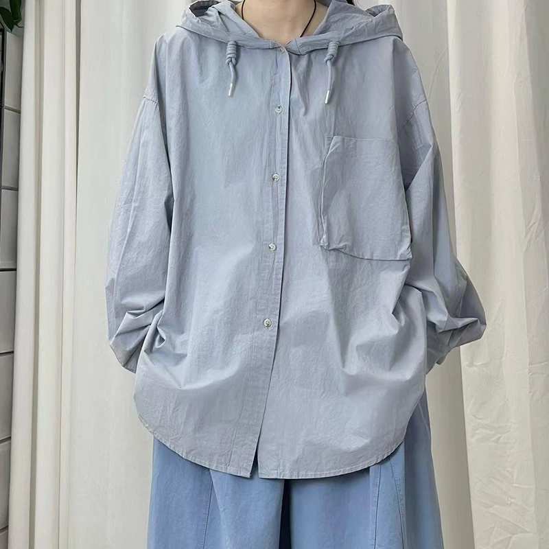 2025春夏季新款大码衬衫女士帽慵懒风宽松休闲洋气长袖衬衣外套