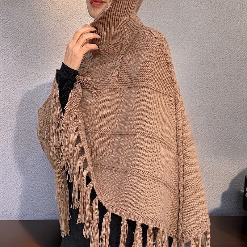 毛线流苏厚实重工粗针高领套头针织外搭冬季慵懒时尚斗篷披肩坎肩