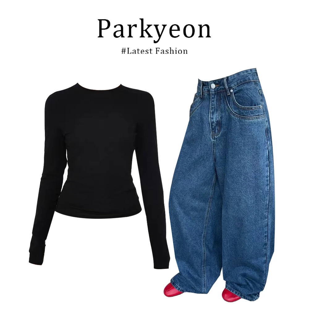 INS CEC2025秋季新款黑色露背修身显瘦长袖T恤牛仔阔腿裤两件套