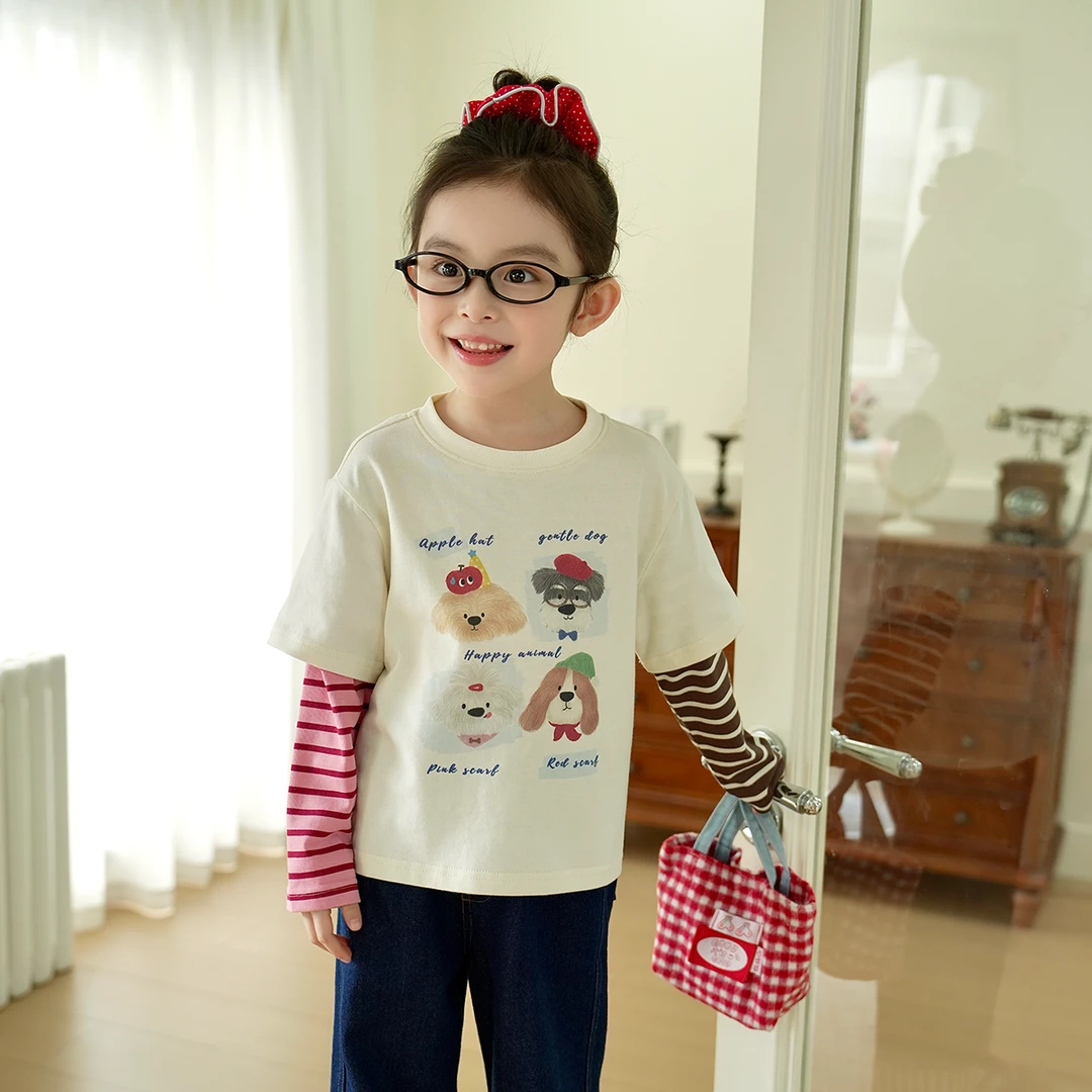 现货【智慧小狗T】7868女童纯棉长袖秋装T恤2025新款女宝百搭插肩袖