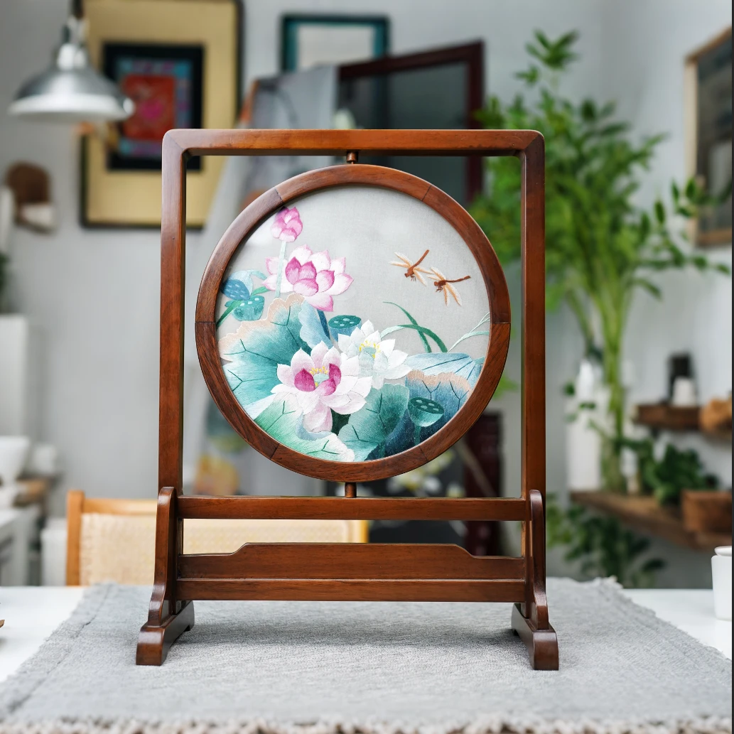 【荷韵生香】湘绣双面绣摆件纯手工刺绣