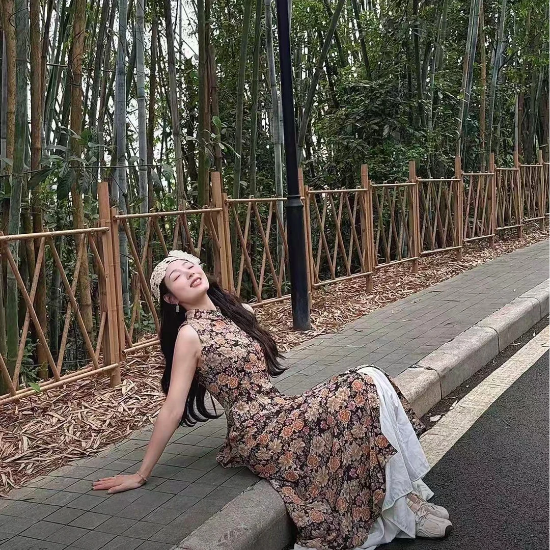 小鹿vintage 古着春夏碎花港风法式百搭复古中长款显瘦连衣裙
