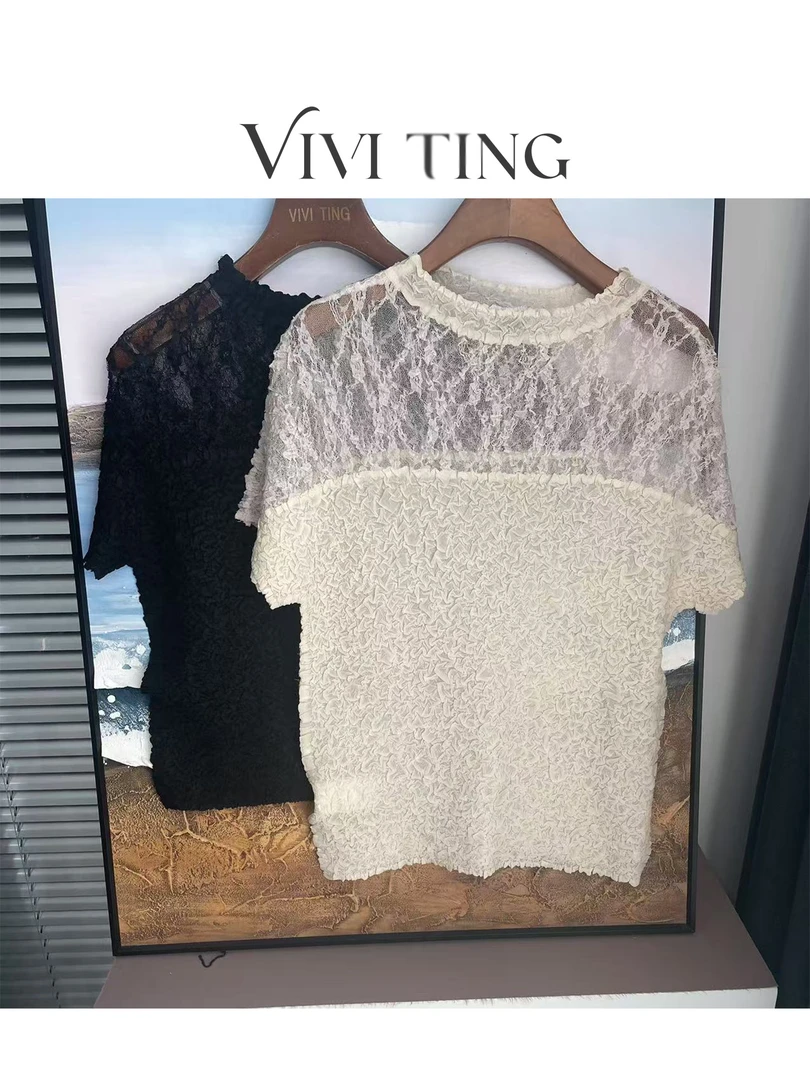 【VIVI·TING】婷姐推荐春夏新款花边镂空蕾丝压花修身短袖上衣s526