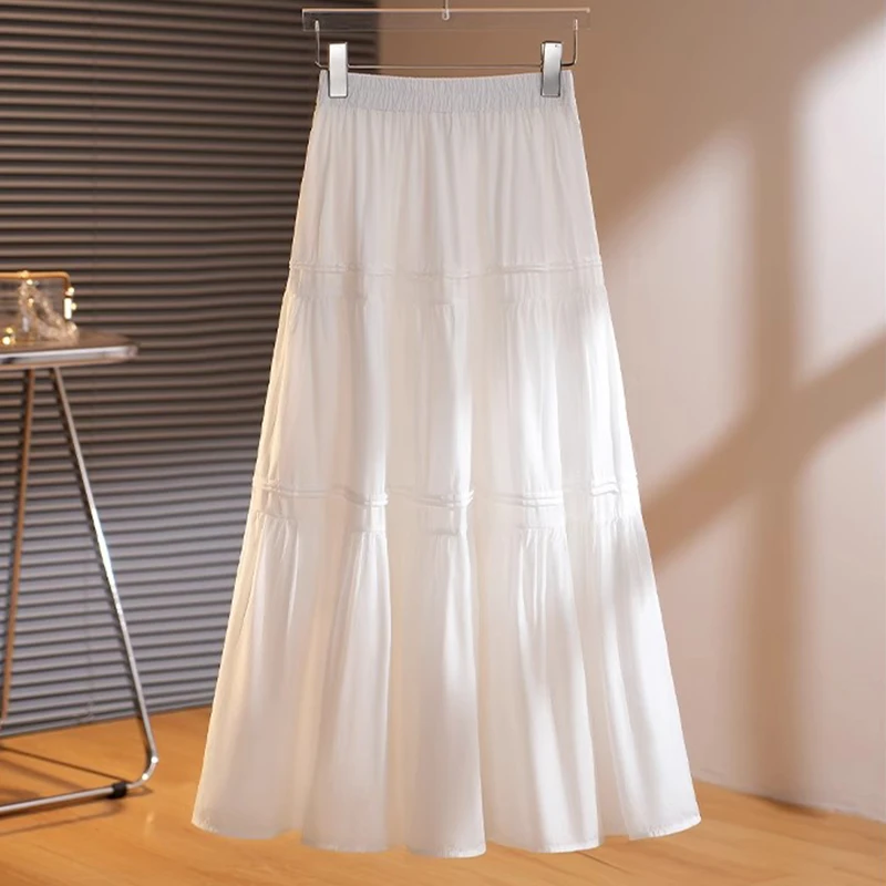 拉夏贝尔白色温柔风半身裙女2025新款夏季高腰a字伞裙气质蛋糕裙
