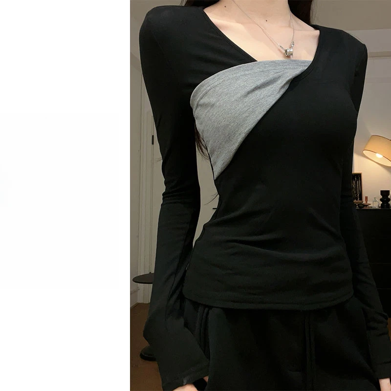 【年终特价】小众交错设计感设计感长袖修身气质显瘦打底上衣
