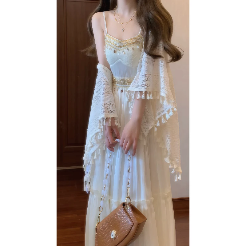 【西域律动】重工刺绣贝壳装饰拼接吊带连衣裙海边度假风长裙9489