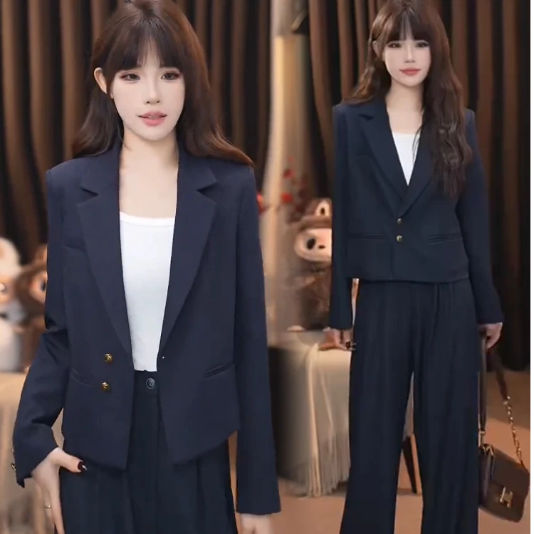 藏蓝西装套装女士秋季新款洋气减龄显瘦短款西服外套阔腿裤两件套