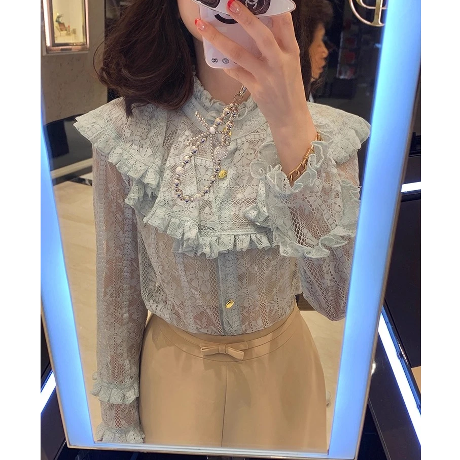 白色恋人 柔软蕾丝宫廷荷叶边衬衫女秋季喇叭长袖气质上衣
